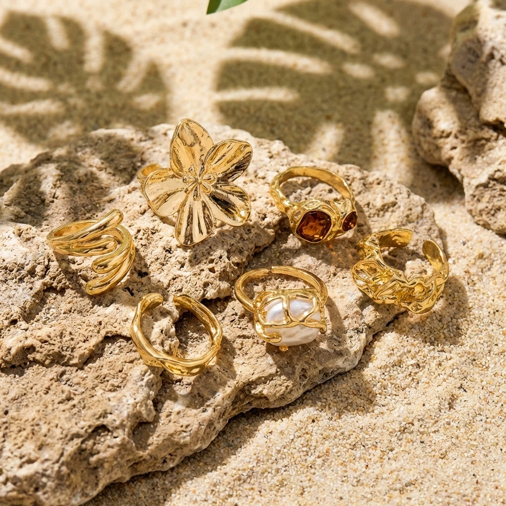 Elegant Gold-Tone Ring Set with Faux Pearls and Abstract Floral Design