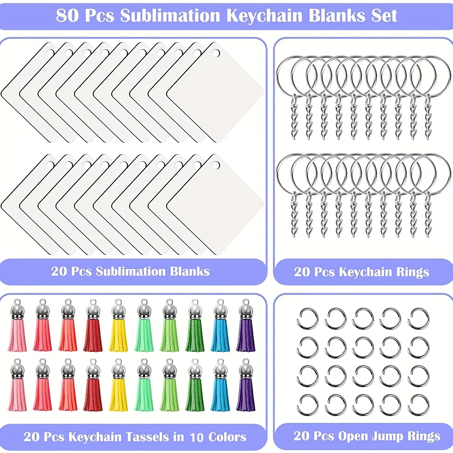 

80pcs/set Acrylic Square Blank Tassel Keychain Set DIY Handmade Keychain