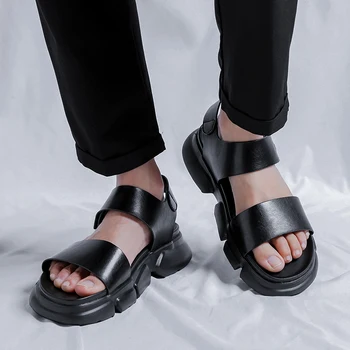 남성용 두꺼운 밑창 오픈 토 샌들, 비즈니스 비치 샌들 플랫폼, 편안하고 통기성 가죽 신발, 여름 고품질