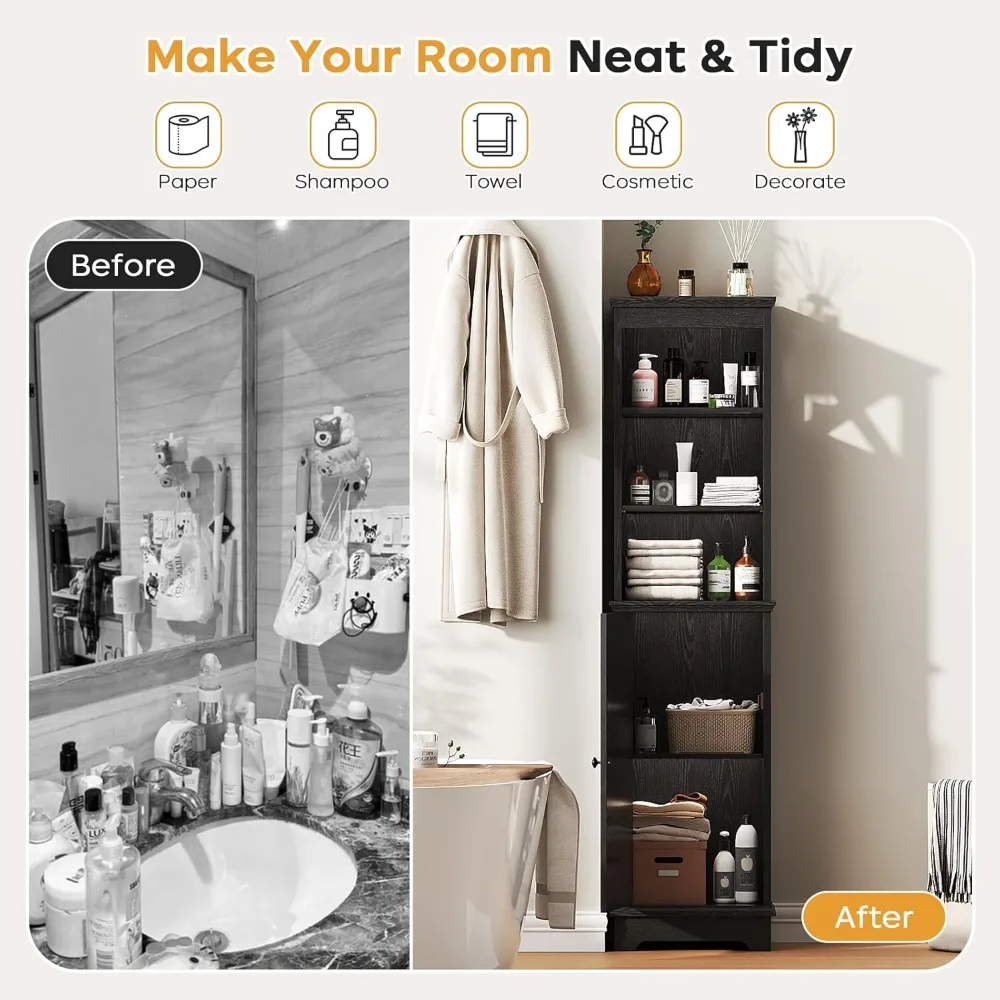 Farmhouse Tall Narrow Storage Cabinet with Door & Shelves, Freestanding Organizer for Bathroom Kitchen