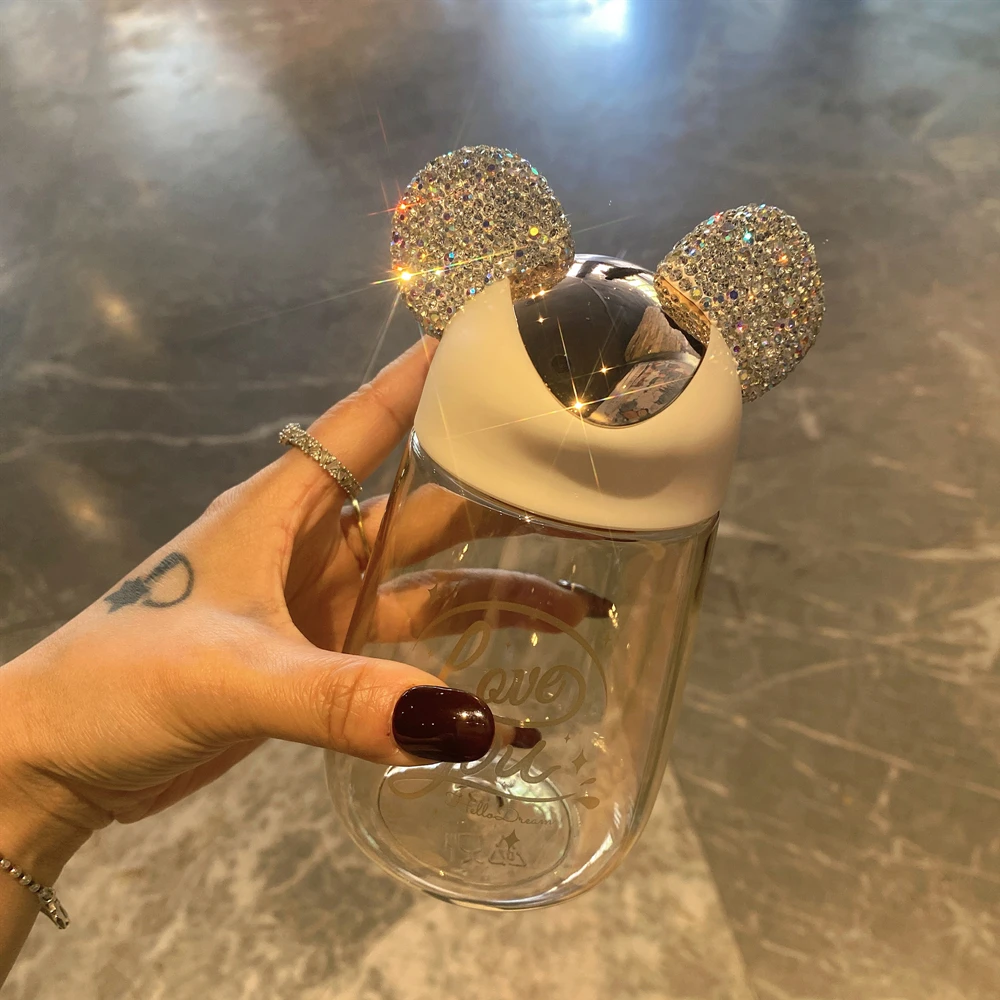 

Cute Rat Ears Rhinestones Glass Cups Transparent Diamond-encrusted With Pull Rope Water Mugs Portable Tea Coffee Drinkware