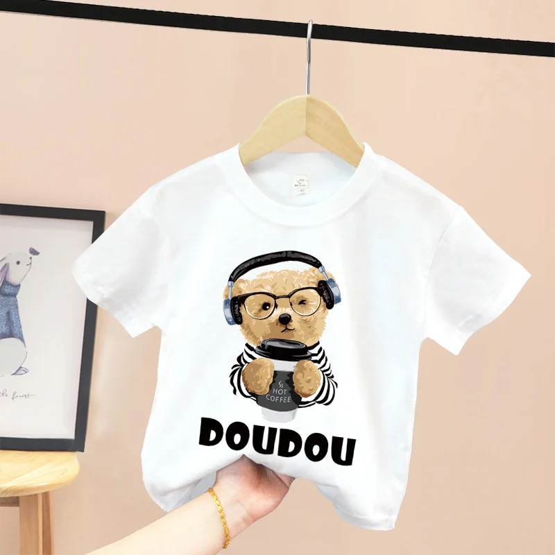 thumbnail image 1 of Camiseta de verano 100 % algodón para adolescentes, camiseta para niños con estampado sencillo de oso de dibujos animados, cuello redondo, cómoda camiseta de manga corta para niños y niñas, 1 of 4