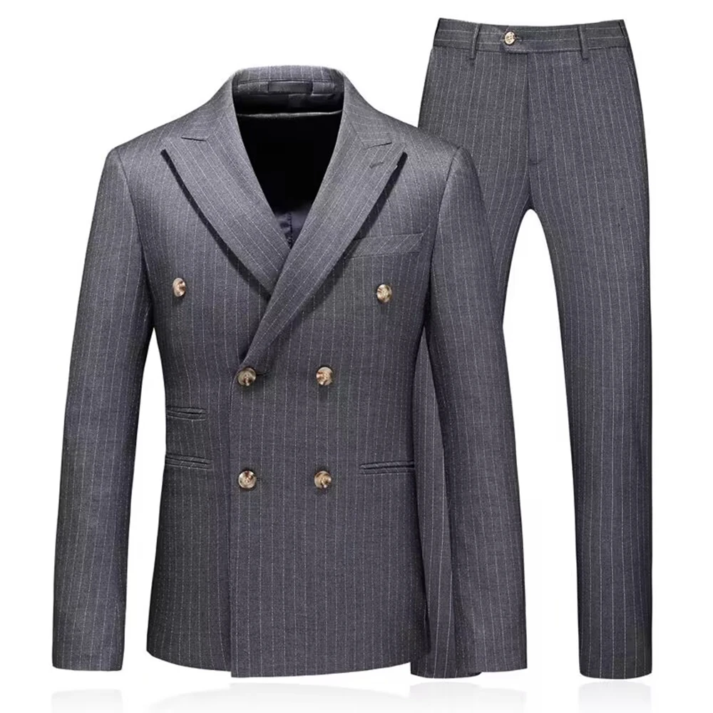 Slim Fit Grey Striped Men Suits Formal Groom Tuxedos Peaked Lapel Double Breasted Blazer Pants Set 2 Piece Business Male Suit