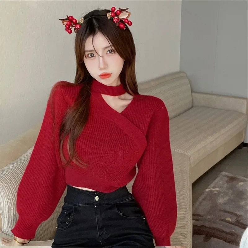 

Small Sexy Sweater Female Hanging Neck Red Solid Tops Female High Waist Pullover Lantern Sleeve Ropa De Invierno Para Mujer Con