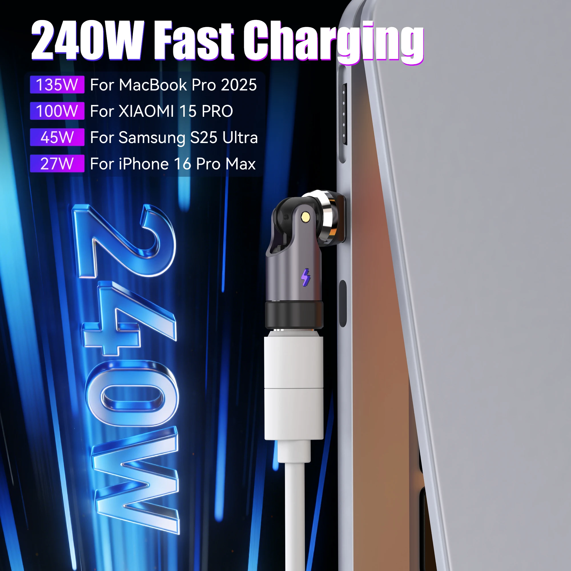 타입 C 휴대폰 충전 케이블 어댑터 USB C PD 240W 540 ° 회전식 커넥터 팁 (폰 16, 삼성, 맥북 프로, LG, 구글용)
