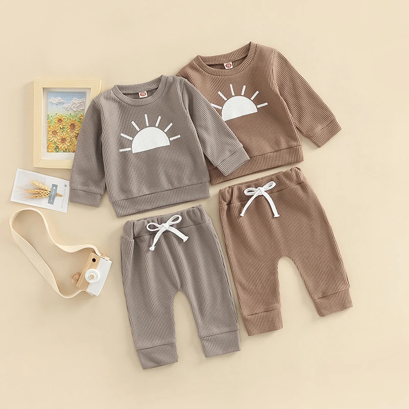 

Baby Boys Pants Set, Long Sleeve Crew Neck Sun Print T-shirt with Elastic Waist Pants for Toddler