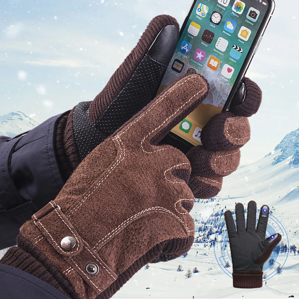 Touch Screen Winter Waterproof Genuine Leather Work Gloves,Signature Men's Gloves,Thicken Matte leather Gloves