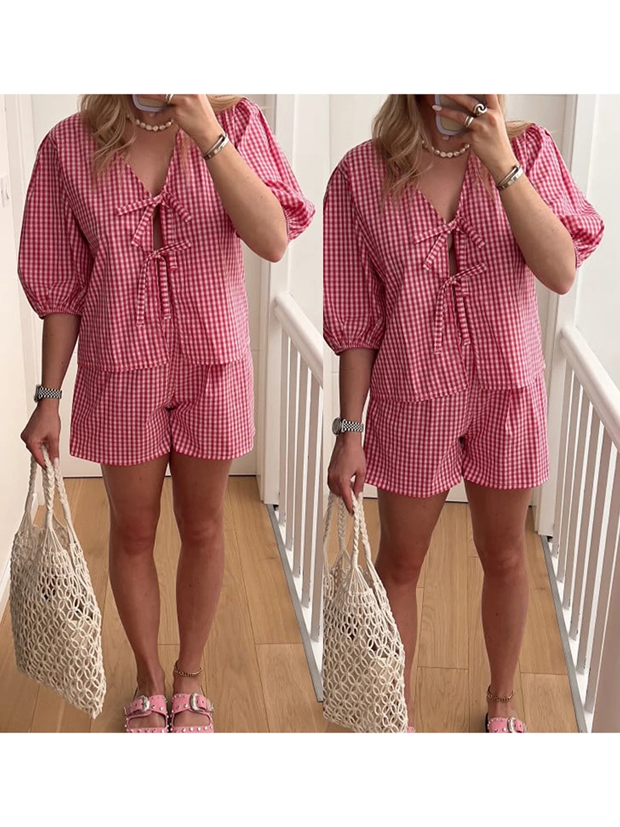 

Women Y2k Peplum Shirt Shorts Set 2 Pieces Pajamas Sets Puff Sleeve Front Tie Top Plaid Lounge Set Outfits