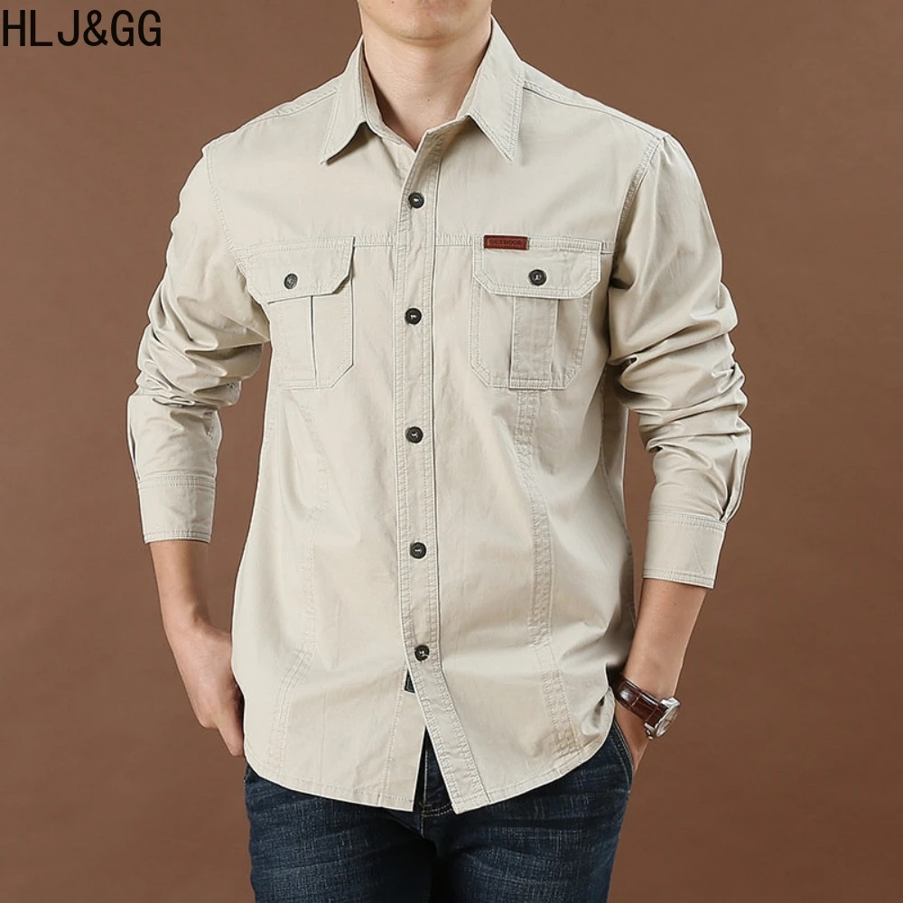 HLJ&GG Casual Long Sleeve Shirts for Mens High Quality Solid Cotton Shirt Autumn Workwear with Pocket Overshirts New Arrivals