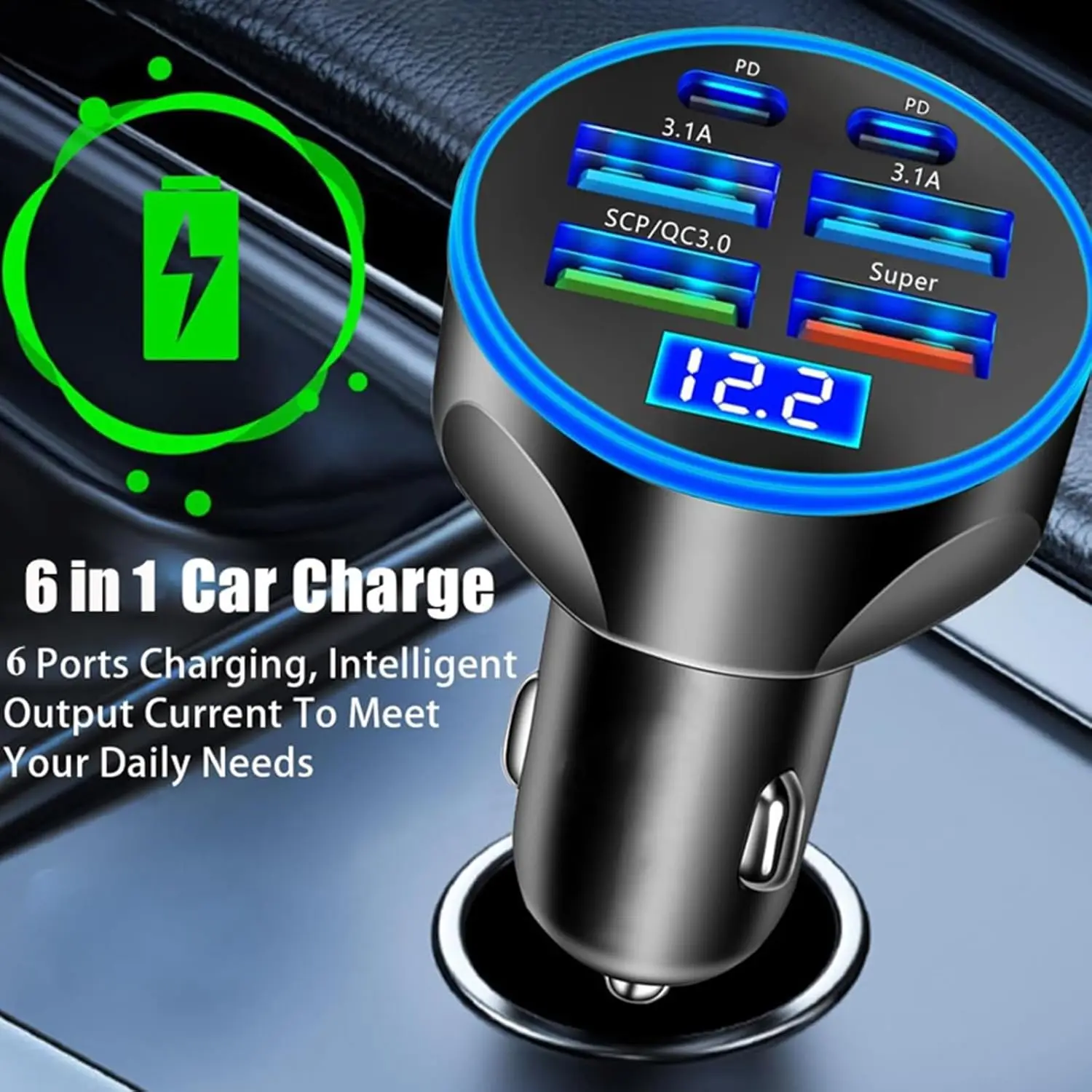 Adattatore caricabatterie per auto super veloce 6 in 1 con display LED della tensione, caricabatterie per telefono alimentato da presa auto per dispositivi intelligenti come tablet