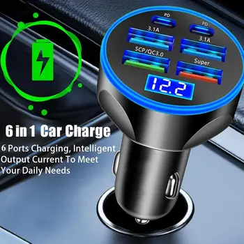 Adattatore caricabatterie per auto super veloce 6 in 1 con display LED della tensione, caricabatterie per telefono alimentato da presa auto per dispositivi intelligenti come tablet