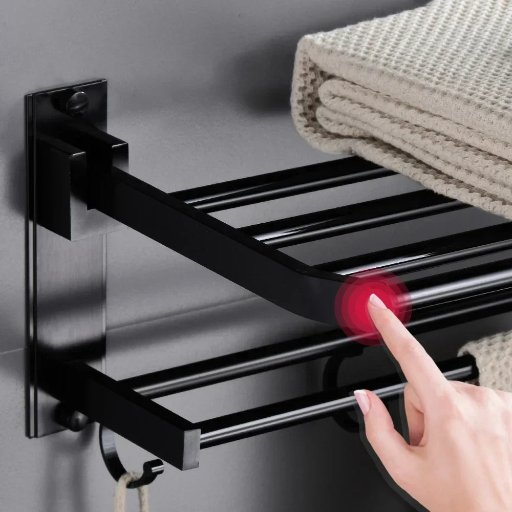 Towel Holder Wall Mounted Aluminum Surface Shower Bars Hanger Adjustable Fold Clothes Rack With Hooks Bathroom Accessories