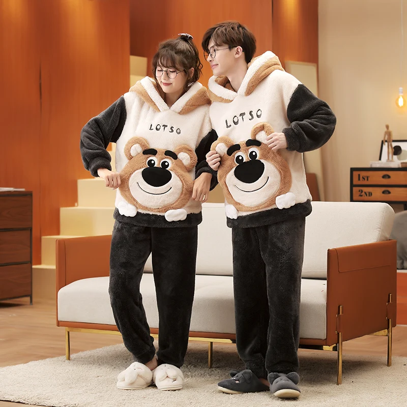 Couple Pajamas Set Women Men Thicken Pyjamas Winter Warm Anime Bear Kawaii Sleepwear Korean Loose Lovers Homewear Pijamas Suit