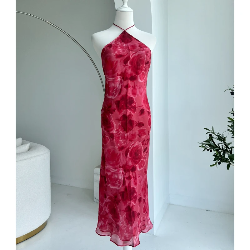 

Women Silk Rose Pink Floral Print Halter-neck Backless Sexy Romantic Date Even Night-out Midi Dress 2023 Summer Vacation