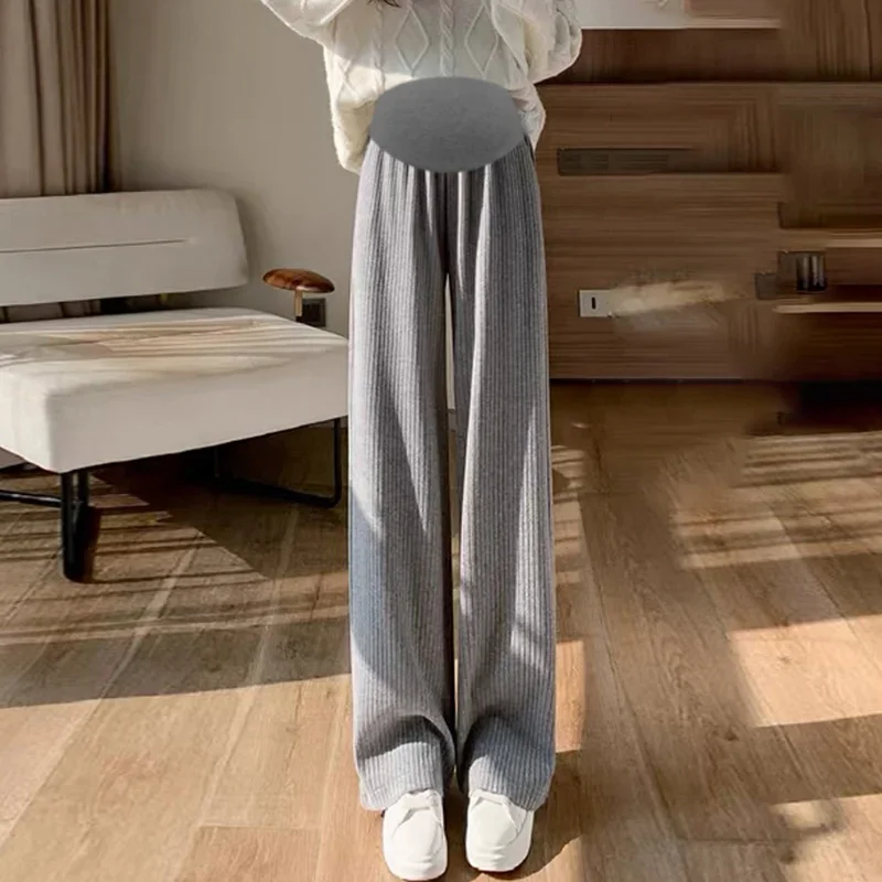 Pregnant Women Pants Knitted Wide Leg Trousers Pring Plush Thickened New Straight Tube Drape Casual Maternity Clothes 5