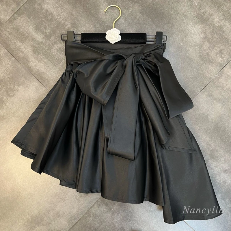 Irregular Skirt Women 2024 Spring Waist Big Bow Tie Pleated Puffy Jupe Femme Fashion Streetwear Ladies Clothes Black Mini 2024 autumn new maternity dress long flare sleeve v neck elegant pregnancy pleated dress long loose pregnnat woman chiffon dress