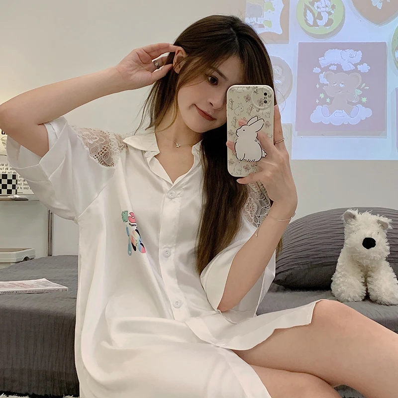 Casual Women Soft Satin Sleepwear Nightgown Loose Body Silk Nightwear Lace Patchwork Nightdress Wild Sleepshirt New Nighties