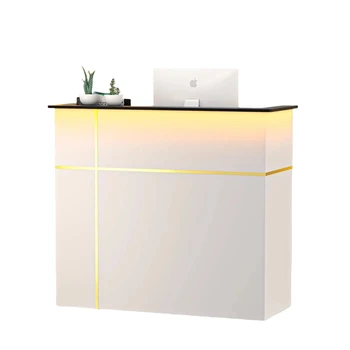 Reception Desk with Counter Modern Front Table Equipped Lockers Storage Shelves Checkout LED Lights DIY Stripe for Lobbies 1