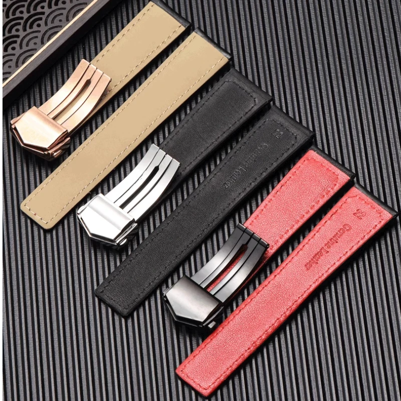Elegant Cowhide Leather Watchband with Metal Folding Buckle - Black/Red