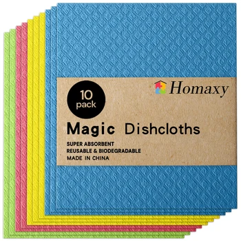 Homaxy 마술 청소용 천, 목재 펄프 스폰지, 주방 수건, 재사용 가능한 청소 걸레, 흡수성 행주, 분해 가능한 접시 천, 10 개