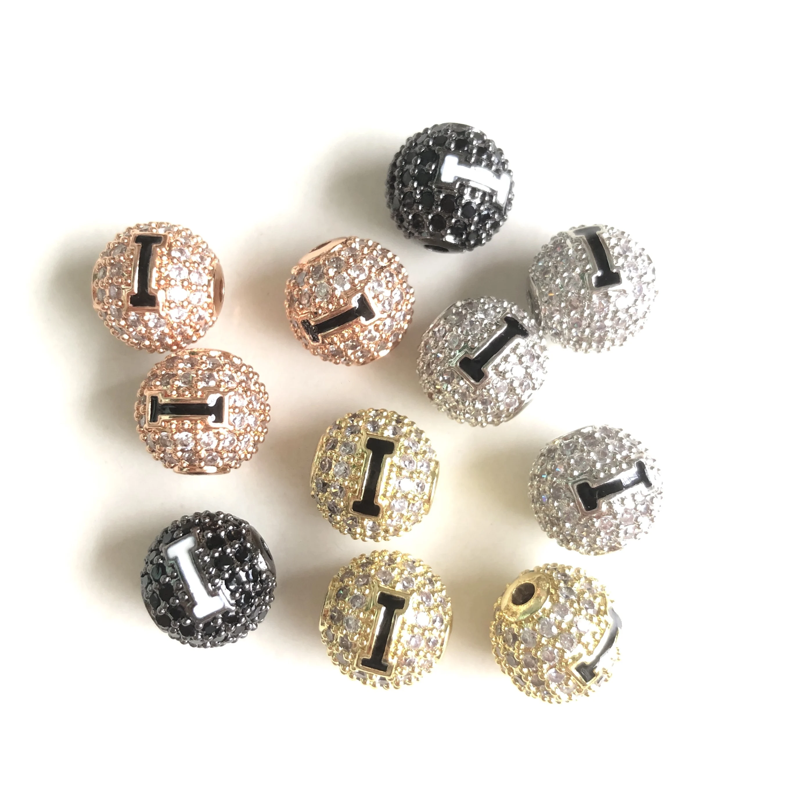 10 Stück 10 mm runde Kugel-Abstandshalter, Alphabet-Anfangsbuchstabe „I“, Mikro-Gepflasterte Perlen für Damen, Armband, Halskette, Schmuckherstellung, Zubehör