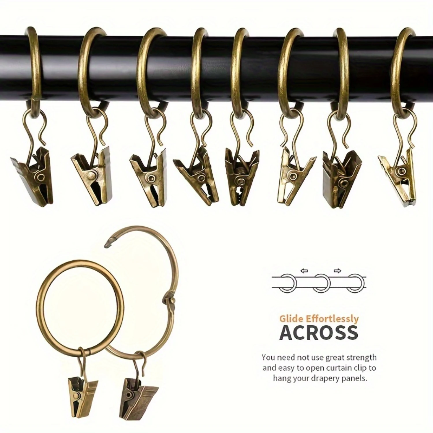 40pcs Curtain Rings With Clips, Strong Metal Decorative Drapery Clip Rings, Rust-Resistant Hanger Clips For Bathroom, Living Roo