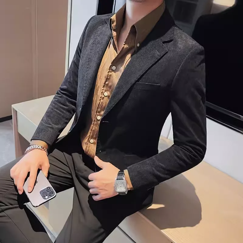 Slim Fit Striped Corduroy Suit Jacket for Men Fashionable Casual Business High Quality Handsome All Match Small Suit