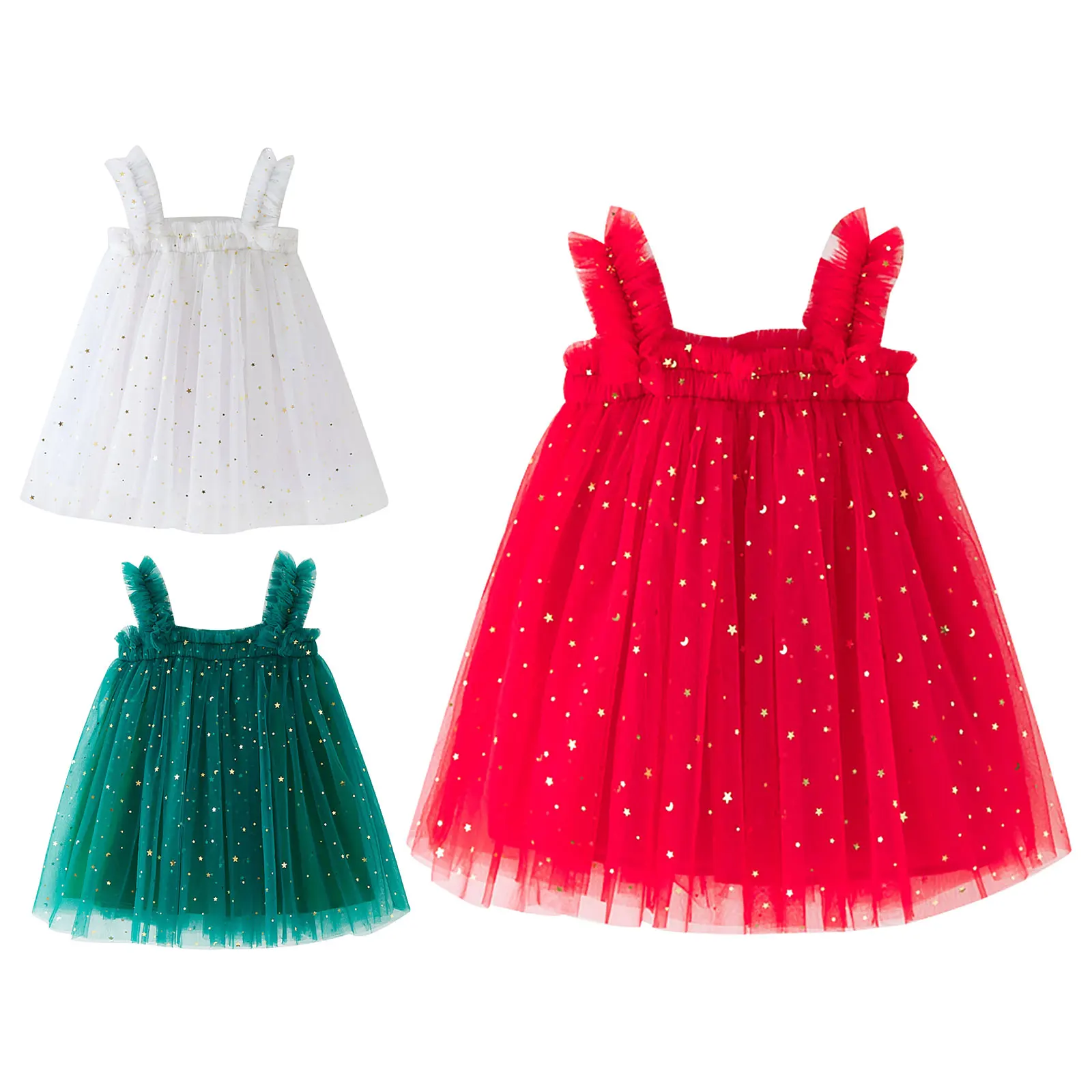 

Tiaobug Toddler Girls Sleeveless Suspenders Star and Moon Printruffle Glitter Tulle Tutu Dress for Birthday Party Holiday