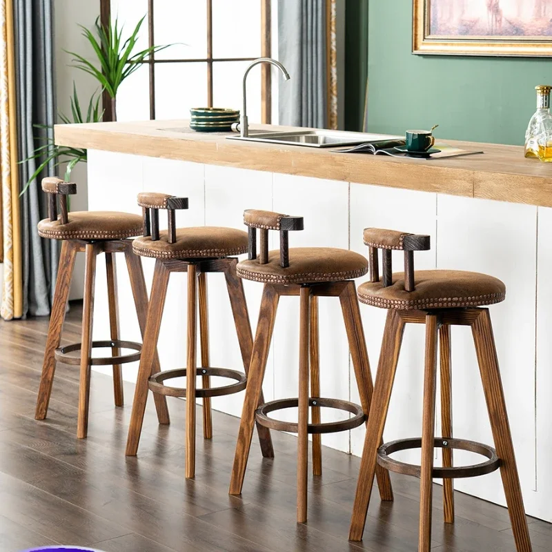 Vintage Solid Wood Bar Chair Light Luxury American Style Rotatable Home Kitchen Dining Room Nordic High Legged Stool