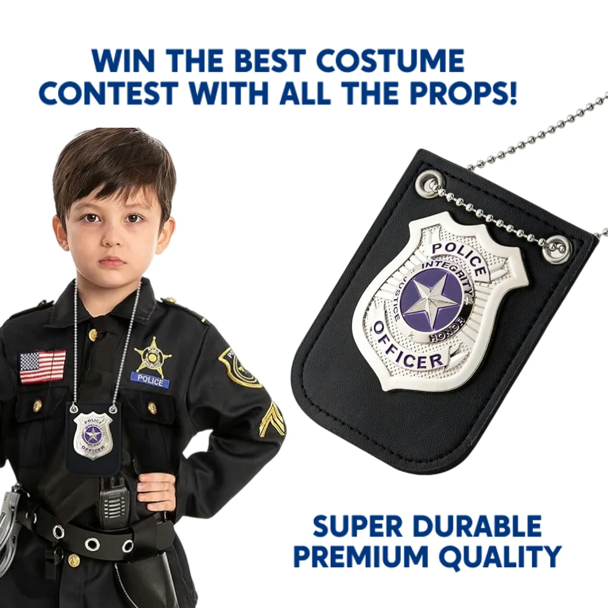 Police Badges for Kids &ndash; Pretend Play Costume Gear Detective FBI Agent Swat Cop Toy Accessories, Chain&Black Belt Clip Holder
