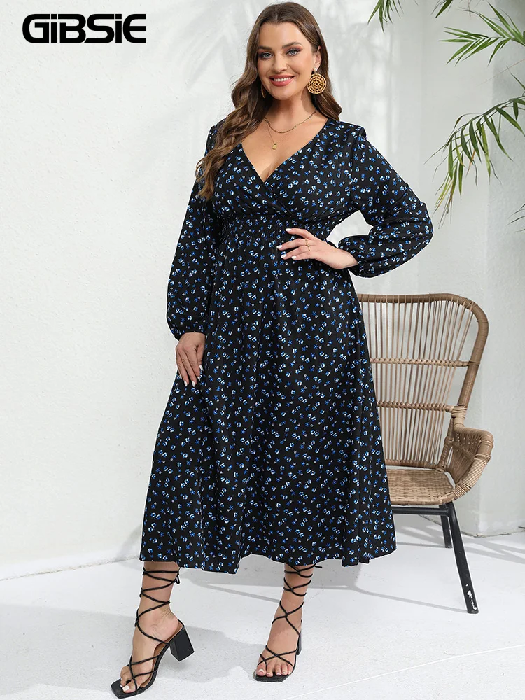 

GIBSIE Plus Size V-Neck Bishop Sleeve Floral Print Dress Women 2023 Spring Autumn Holiday Casual High Waist Boho Long Dresses