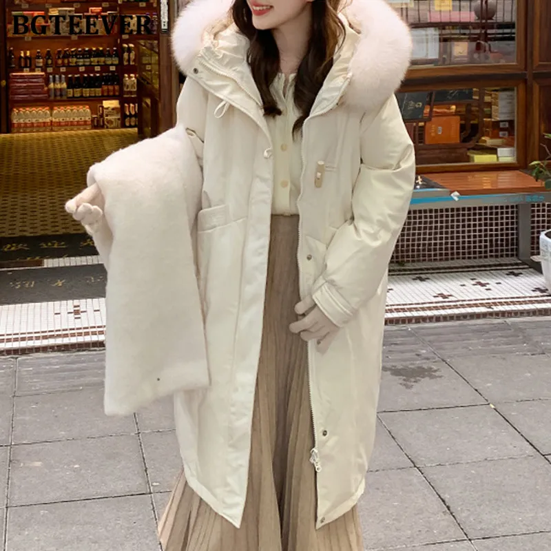 

BGTEEVER Elegant Long Sleeve Thicken Loose Female Single-breasted Down Jacket Winter Fashion Zipper Up Ladies Warm Hooded Parkas