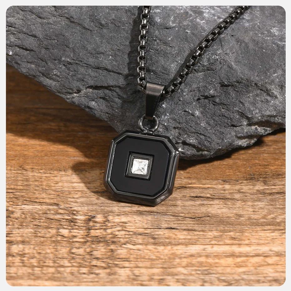 Vnox AAA CZ-Stein-Inlay, quadratische Halsketten, schwarz-silberfarbener Metallanhänger mit Tigerauge-Stein, minimalistischer cooler Schmuck – Detail 15