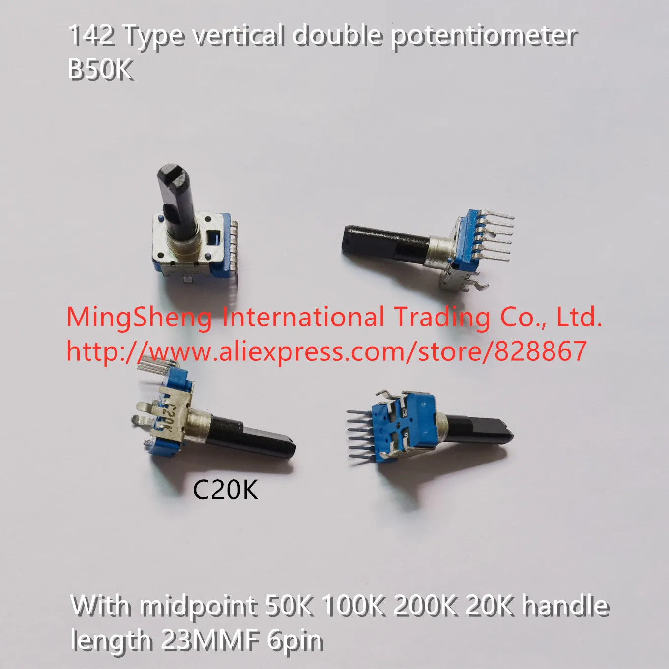 

Original new 100% 142 Type vertical double potentiometer B50K with midpoint 50K 100K 200K 20K handle 23MMF 6pin (SWITCH)