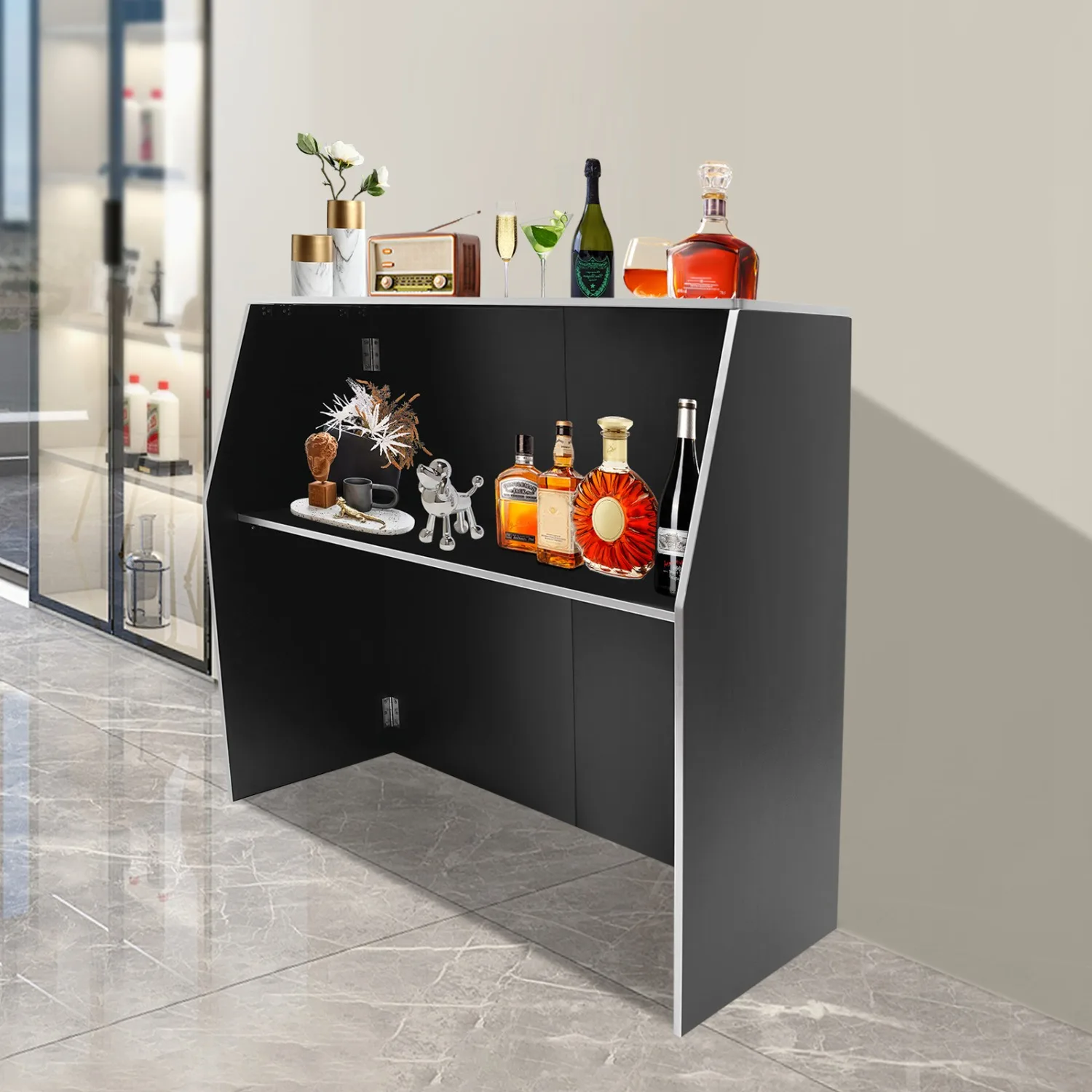 Folding Portable Event Bar with Top and Middle Shelves, Bartender Table Cabinet Station, Mobile Laminate for Parties and Events