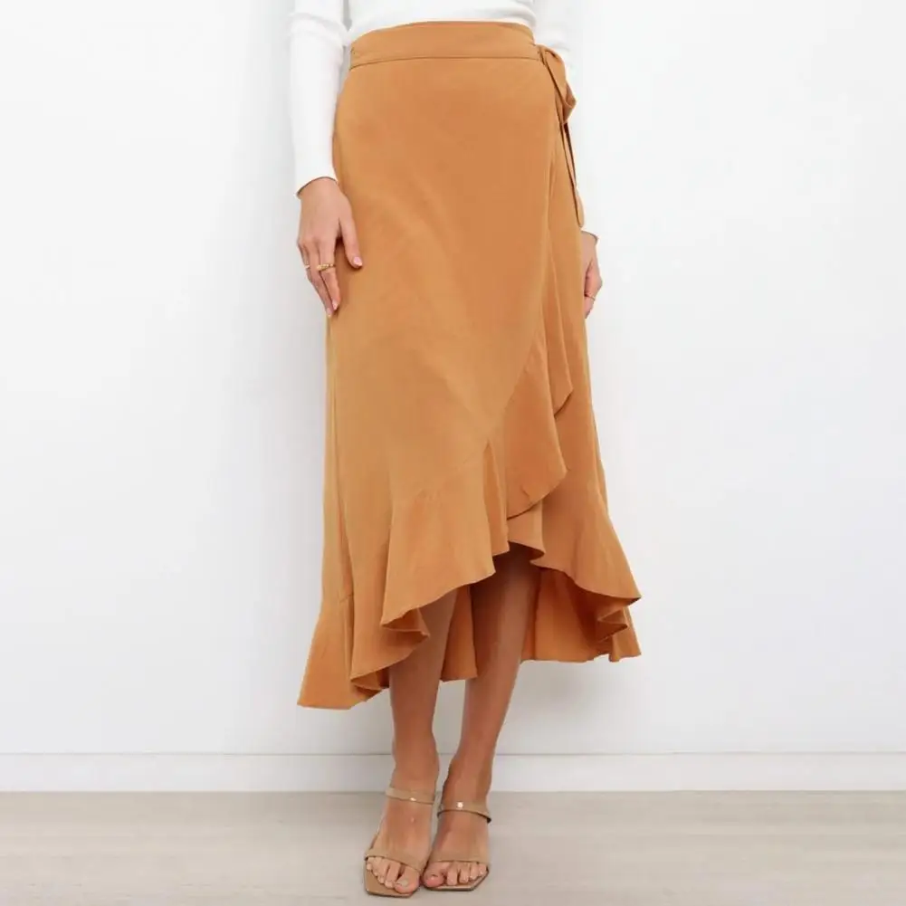 

Women Summer Long Skirt High Waist Ruffles Lace Up Bow-knot Irregular Solid Color Elegant Lady Midi Skirts Female Clothes