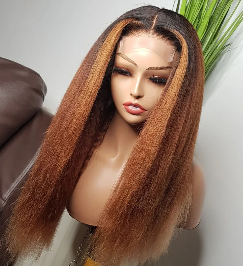 Perucas de Frente do Laço Sintético para Preto Ombre Loira Densidade Yaki 26 Polegada Longo Kinky Reta Feminino Babyhair Preplucked Cosplay 180 4 Computers & Electronics