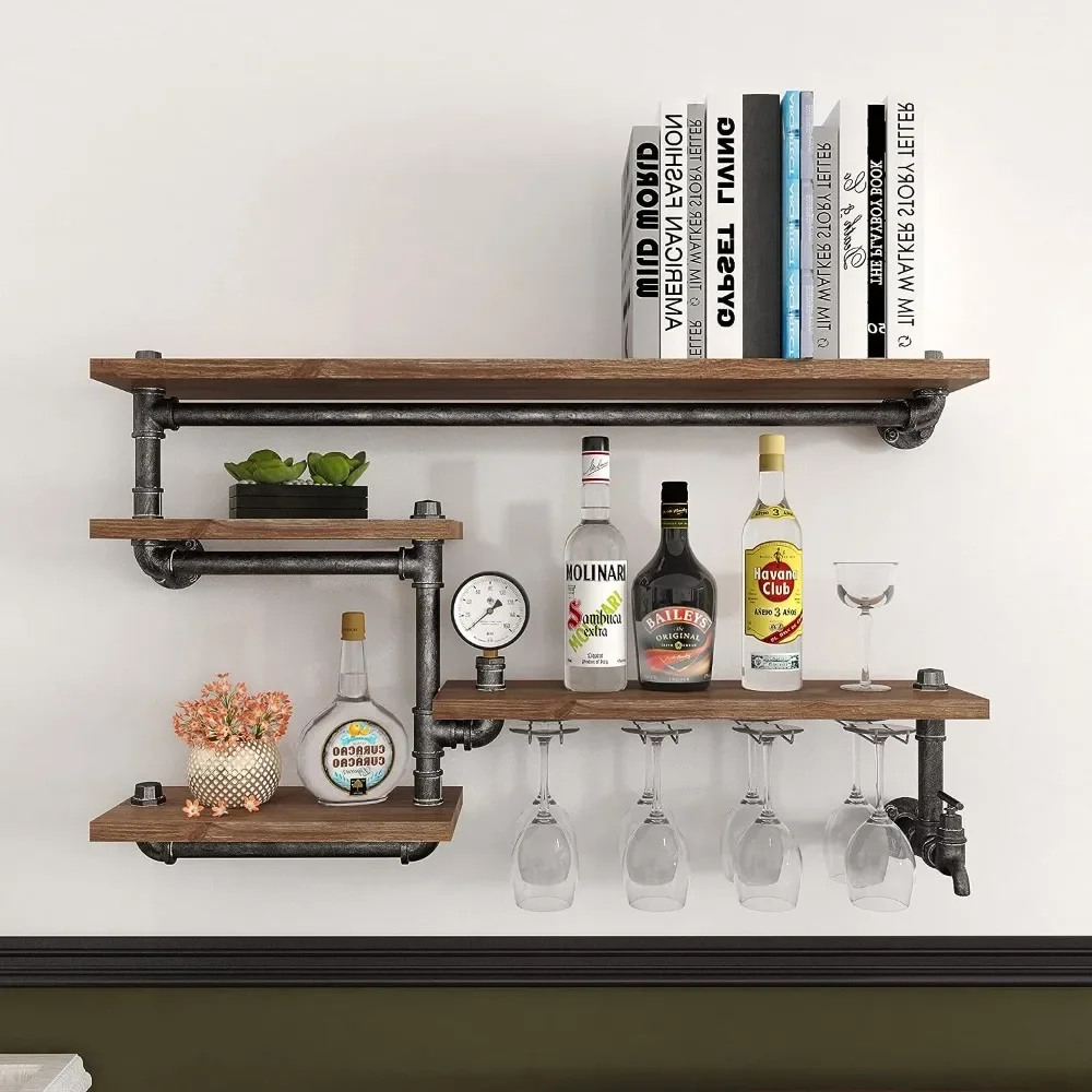 

Industrial Pipe Shelf Wine Rack Wall Mounted with 4 Stem Glass Holder,Rustic Metal Floating Bar Shelves Wall Shelf Unit