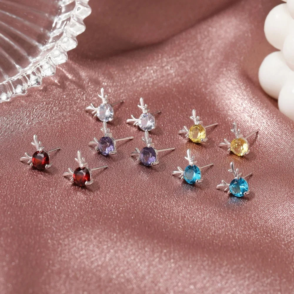 Cartoon Animal Deer Stud Earrings Small Antler Earing For Girls Kid CZ Crystal Stone Christmas Gift Jewelry Women pendientes