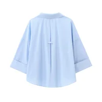 Autumn New European and American Loose Collar Curled Wide Sleeve Cotton Blended Buckle Poplin Shirt - Image 2