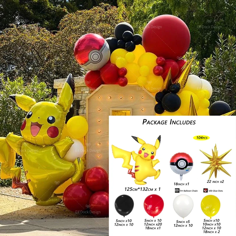 Kit de arco de globos para fiesta con temática de Pokémon Pikachu, 104 piezas, globos de látex rojos, amarillos y negros para decoración de cumpleaños de niños, baby shower