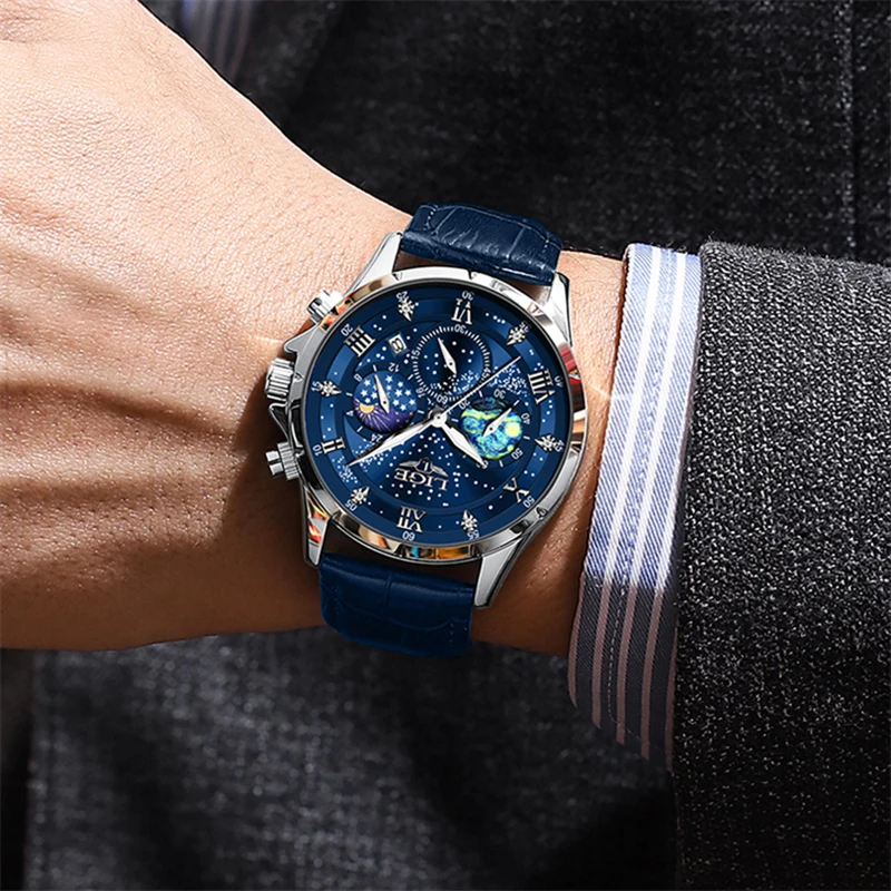 LIGE Classic Blue Leather Watch Men Fashion Business Men Watch Military Sport Waterproof Quartz Chronograph Relogio Masculino