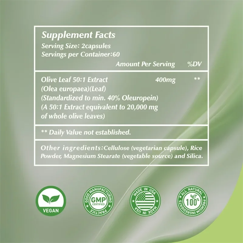 Olive Leaf Extracts Capsules 40% Oleuropein Supports Cardiovascular Health Immune Health Antioxidant