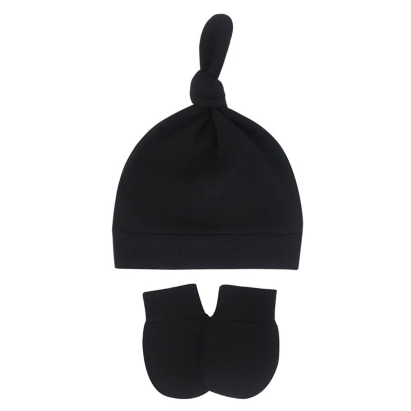 

2 Pcs Baby Anti Scratching Gloves Hat Set Soft Cotton Comfy Baby No Scratch Mittens Tail Knot Turban Beanie