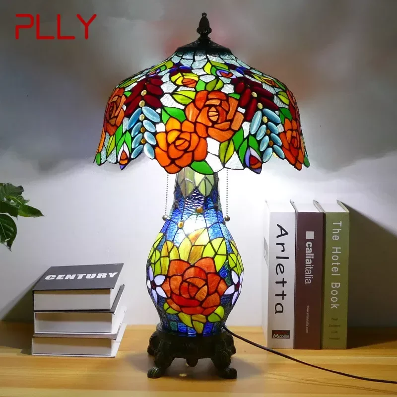 

PLLY Tiffany Table Lamp American Retro Living Room Bedroom Lamp Luxurious Villa Hotel Stained Glass Desk Lamp