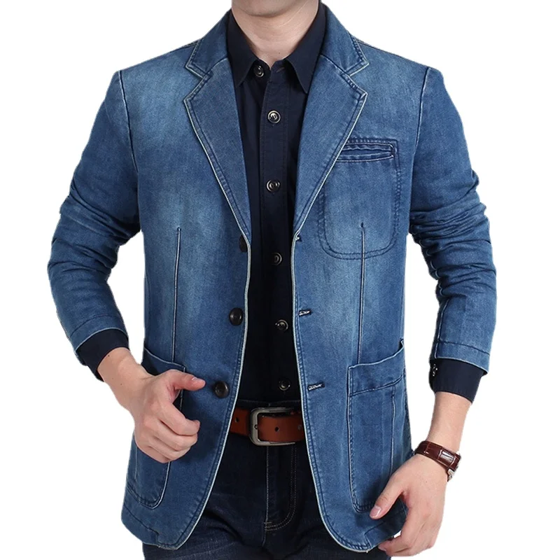 Men Denim Suit Jacket Blazers Jacket Men Casual Denim Slim Pocket Splicing Coat Men's Long Sleeve Single-Breasted Turn-down Collar Blazers Jacket