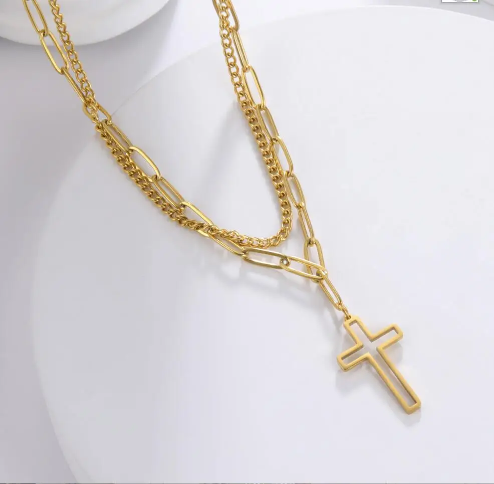 Mens Cross Necklaces, Stainless Steel Layered Plain Cross Pendant, Rope
