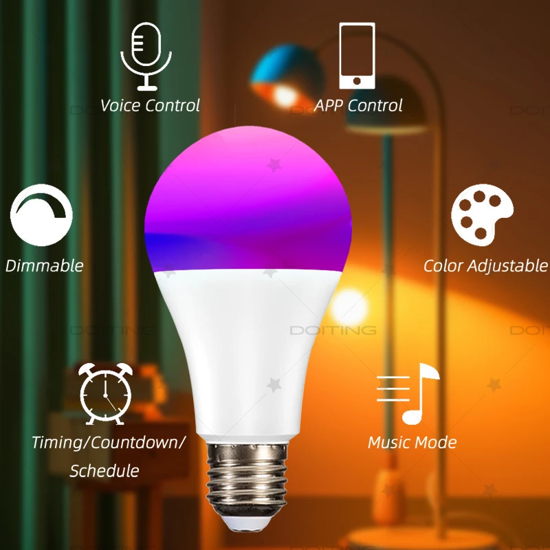 투야 와이파이 스마트 전구, RGB LED 램프, 지능형 밝기 조절, 웜 화이트 램프, 구글 홈, 알렉사 음성 제어 그룹, E27, 15W, 12W