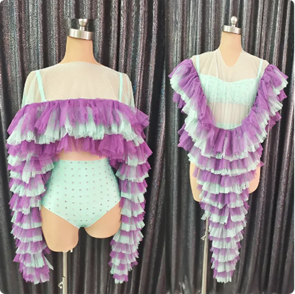 

Female Nightclub Gogo Dancewear Mesh Tops Rhinestones Stretch Bodysuit Pole Dance Costume Singer Dancer Stage Outfit