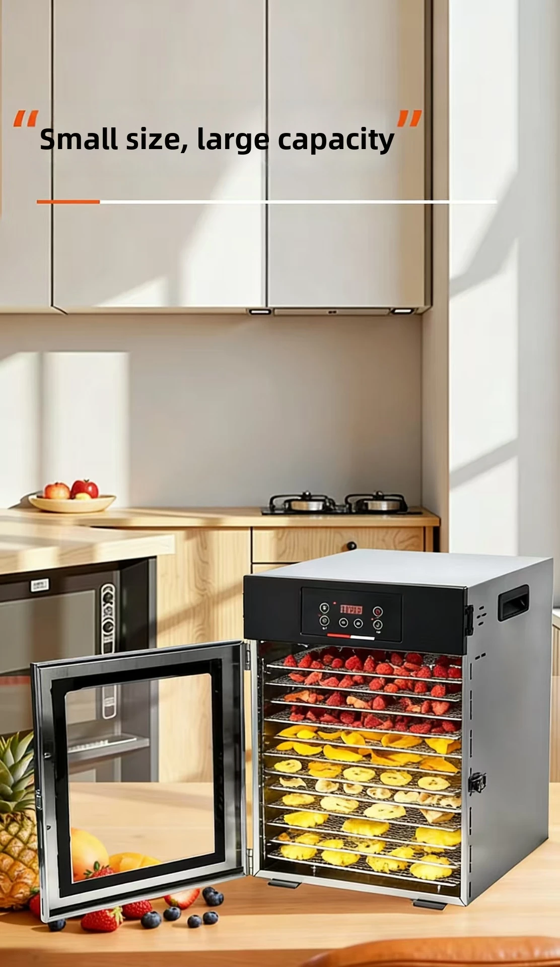 Gewerblicher Lebensmittel-Dehydrator - Edelstahl-Trockner mit 12 Fächern für Obst, Gemüse, Kräuter & Fleisch mit digitalem Thermostat – Detail 3